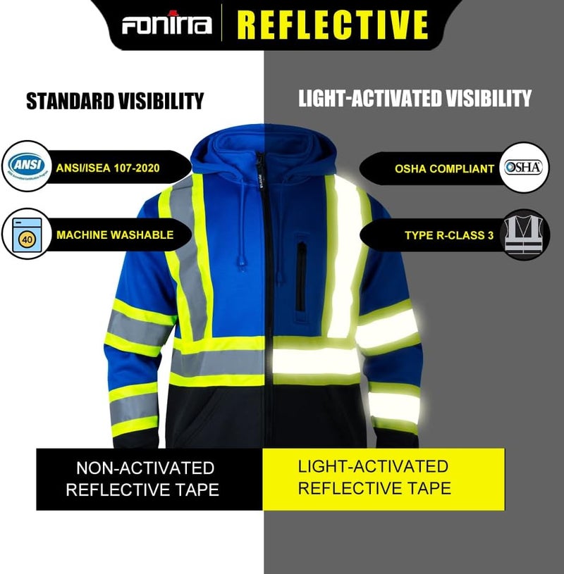 FONIRRA Hi Vis Safety Fleece Zip Hoodie for Men Reflective Sweatshirts ANSI Class 3 Jackets Detachable Hood (Blue,3XL) - Image 5